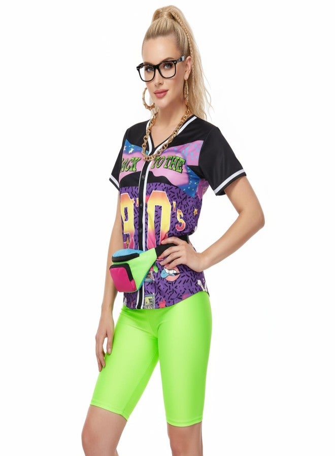 Foaincore 7 Pcs 80s 90s Outfit for Women Hip Hop Costume Kit Costume Rapper Accessories Baseball Jersey Fanny Pack Yoga Pants (Black,X-Large) - Image 4